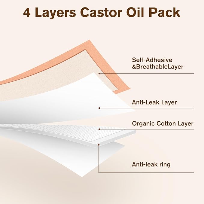 70 Pcs Castor Oil Pack with Castor Oil Organic Cold Pressed Glass Bottle 8oz, Cotton Caster Oil Wrap for Waist Back Neck Arm, Self-Adhesive for Convenient Use