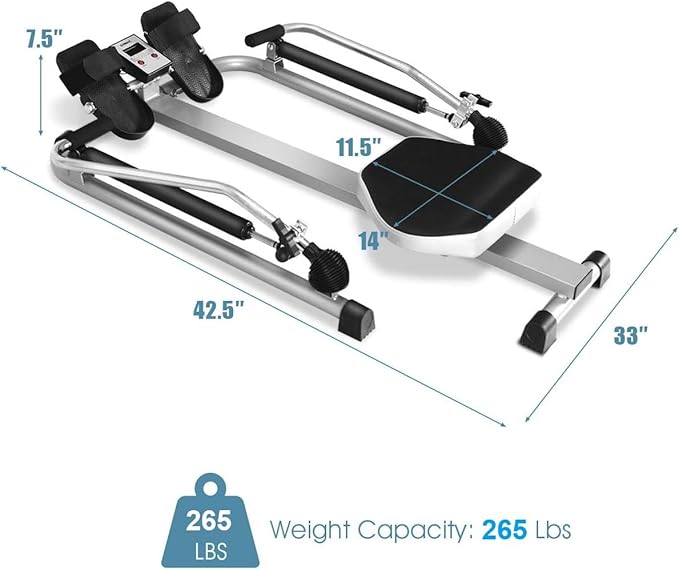 GYMAX Rowing Machine for Home, 265LBS Weight Capacity Hydraulic Rowing Machine with Adjustable Cylinder Resistance up to 110lbs & LCD Monitor, Compact Full Motion Rower for at Home Exercise