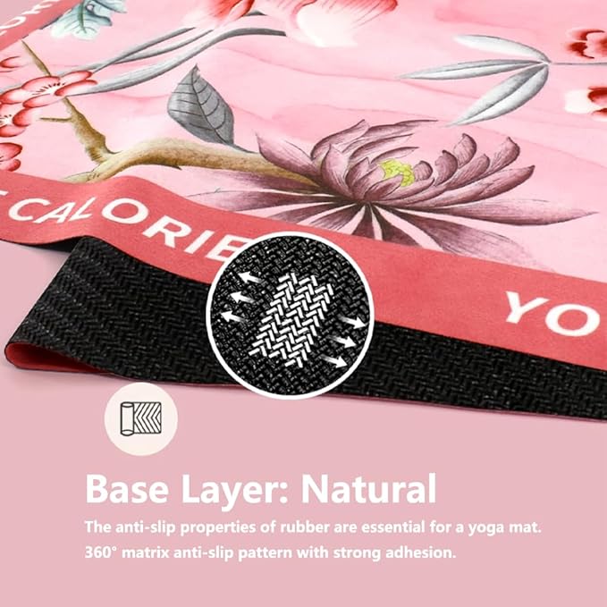 Hot Yoga Mat Towel for Women | Non-Slip Natural Rubber Backing | 72"x26.7" Absorbent Suede Microfiber & Floral Design | Lightweight & 1mm Thin for Pilates, Gym, Travel