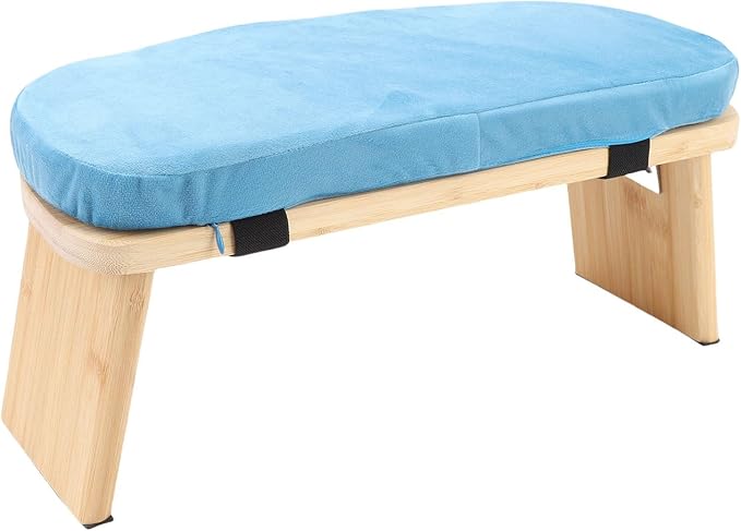 Wooden Meditation Bench, Ergonomic Detachable Meditation Kneeling Stool, Soft Cushion and Carry Bag Stool with Wood Cotton, Ideal for Yoga & Home Practice (Blue)