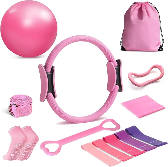 Pilates Ring Essentials Kit for Women，Home Pilates Kit with 9.8” Pilates Balls, Resistance Bands, Yoga Socks, Magic Circle, Carrying Bag, 13-Piece Home Workout Set