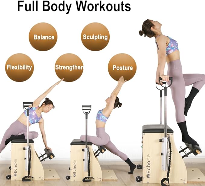EchoMe Plates Combo Chair with Handles, Split-Pedal Stability Pilates Chair,Yoga Fitness Trainer, Pilates Reformer Machine, Pilates Equipent of Maple Wood for Home use and Studio Use