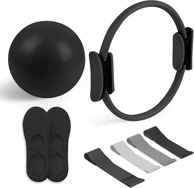 Pilates Essential Kit - Portable Fitness Equipment - with Toning Pilates Ring & Long Resistance Bands & Loop Bands & Soft Ball & Grip Socks