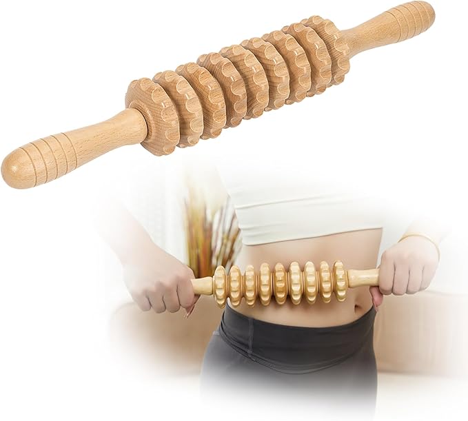 Muscle Roller Wood Cellulite Massage Roller Deep Tissue Massager Wood Therapy Massage Tools Fascia Blaster for Lymphatic Drainage, Muscle Relief(9-Wheel)