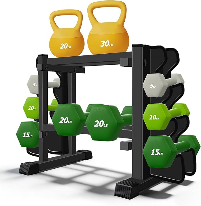 Heavy Duty Dumbbell Rack, Double-Side Extension Holder for Dumbbells & Kettlebells Home Gym Storage Rack