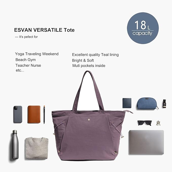 ESVAN Yoga Tote Bag for Women Shoulder Bags Drawstring for Office Workout Travel Carryall Pilates Gym and Beach