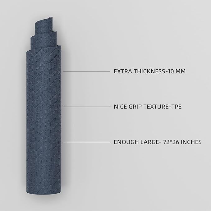 10 mm Yoga Mat 72"x26" TPE Non-Slip Exercise Mat 0.4" Thick, Easy-to-Carry Fitness Mat for Yoga, Pilates & Workout, Professional Mat, Made with Recyclable Material, Durable, Easy to Clean