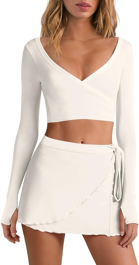 Nirovien Womens 2 Piece Workout Sets Sexy Pilates Outfits Athletic Gym Yoga Sets Ballet Wrap Top and Skirt