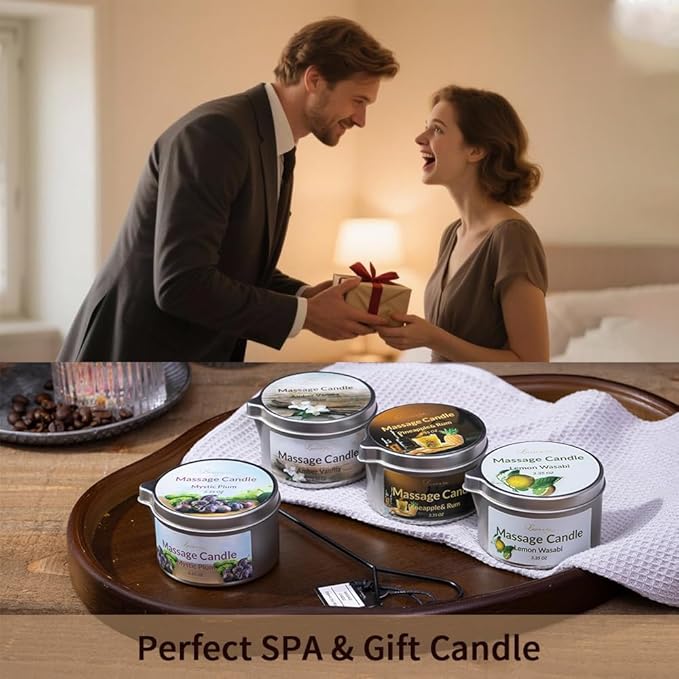 Massage Candle for Home SPA, 4 Pack Scented Soybean Massage Oil Candles Low Temp, Amazing Gift Set 13.4OZ (Scents: Mystic Plum, Amber Vanilla, Lemon Wasabi, Pineapple&Rum)