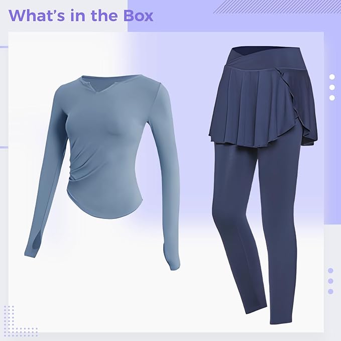 Ideal Pilates Outfits, Black Piece Two Set For Women, Sets Piece 2 Xxl, Top Sleeve Long Includes And Skirt With Leggings, Breathable, Sweat-Wicking, Best For 135-150