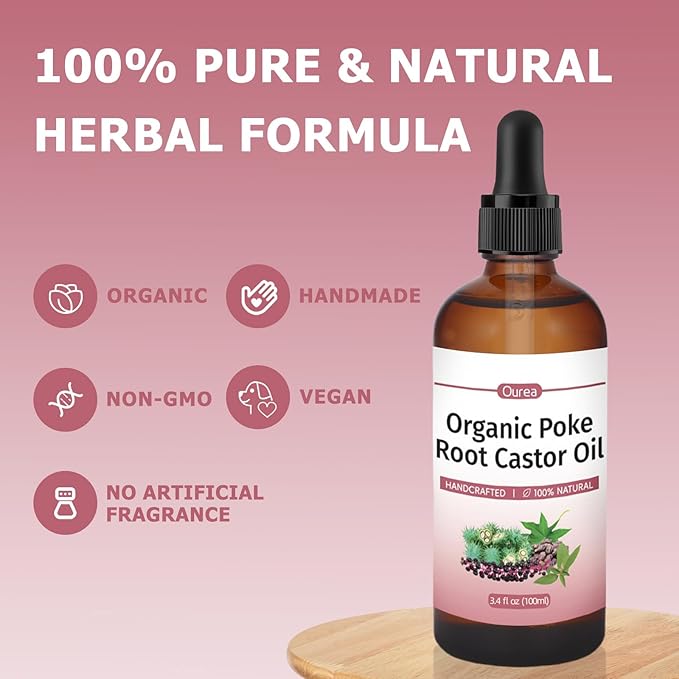 Poke Root Castor Oil Organic – 3.4 fl oz (100ml) Natural Lymphatic Support Massage Oil, Soothing Relief for Cysts, Boils, Breast, Fibroids, Swollen Lymph Nodes & Joint – Deep Tissue Drops