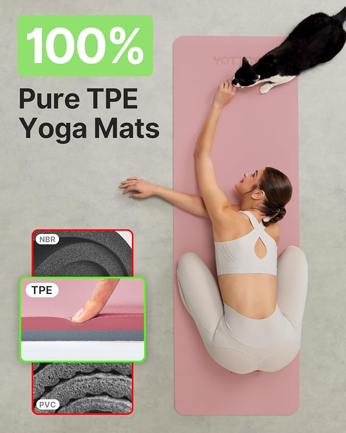 Yoga Mat,Non-Slip TPE Exercise Mat(1/4 Inch) for Pilates, Fitness & Barefoot Workouts, Home Gym Studio with Strap & Bag