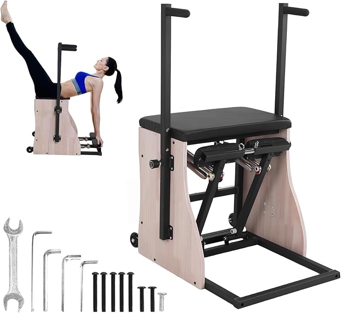 Generic Oak Wood Pilates Chair Reformer Machine Split Pedal Fitness Reformer with Resistance Bands and Springs Split Pedal Handles for Workout Equipment Home Gym or Studio