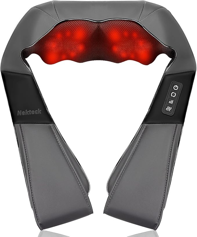 Nekteck Shiatsu Neck Massager with Heat for Pain Relief Deep Tissue, 2026 Upgraded 3D Back Shoulder Kneading Massage Pillow, Body Muscle Relaxation Tool Gifts for Him Her Mom Dad, Gray (NOT Cordless)