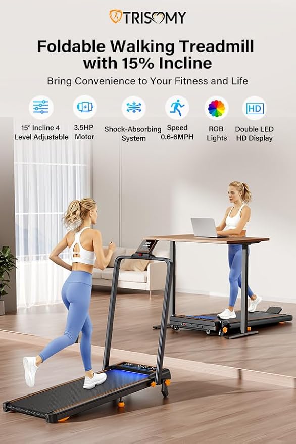 Walking Pad Treadmill with 15% Incline & Dual LED Display, 4 in 1 Walking Pad with Handle Bar, 3.5HP Foldable Treadmill with Incline, Treadmills for Home 350LBS, 4 Adjustable Incline, RGB Light
