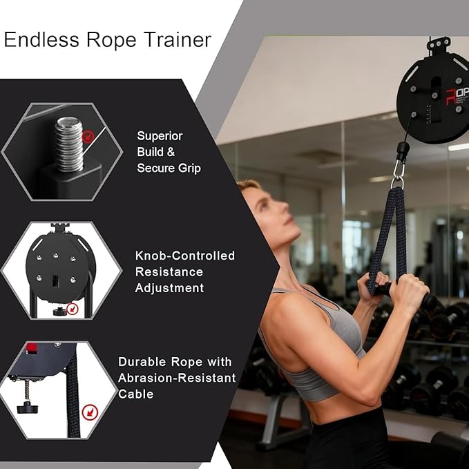 Endless Rope Trainer, Suspension Endless Rope Pulley System, Adjustable Resistance Trainer Machine, Home Gym Infinity Rope for Interval Resistance Training, Closed-Loop Nylon Rope(Red)