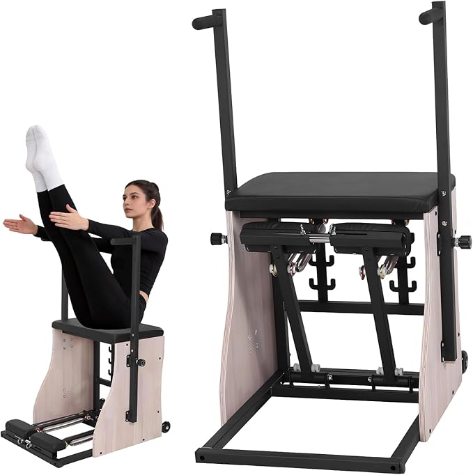 Generic Oak Wood Pilates Chair Pilates Combo Chair with Resistance Bands and Adjustable Springs Handles for Home Use Gym Workout Rehabilitation