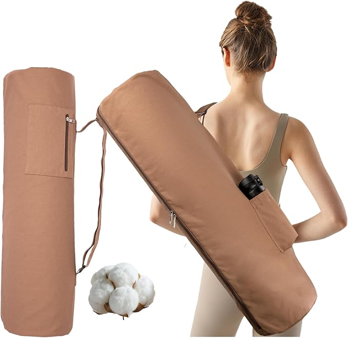 Cotton yoga mat bag with Pockets and Adjustable Strap - Full Zip Cargo Yoga Mat Carrier Bag - Bag for 1/4" 1/3" Thick Yoga Mat