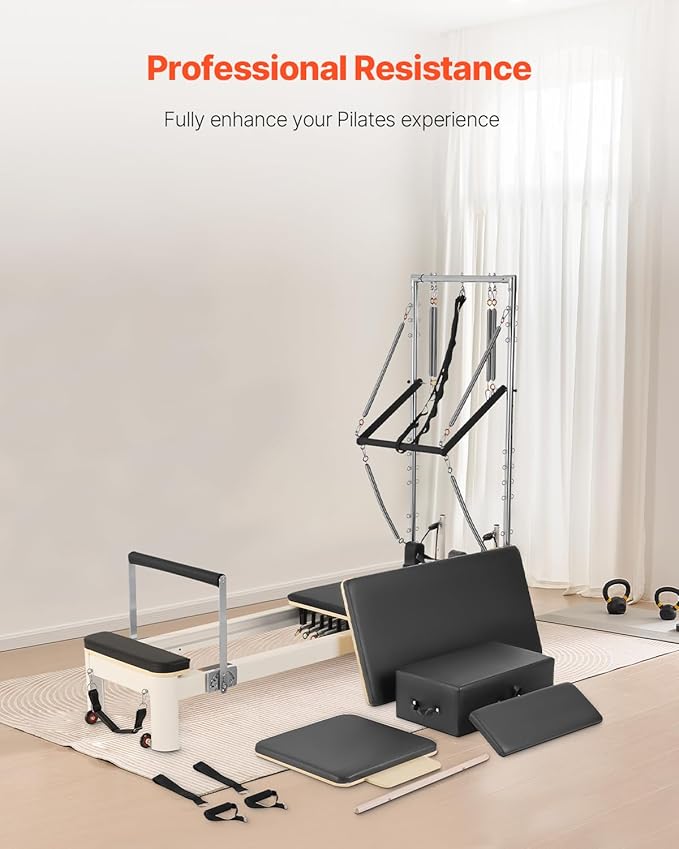 VEVOR Pilates Reformer Machine, Pilates Workout Equipment for Home Gym Studio Use, Pilates Reformer with Sitting Box and Jumpboard，fit for Beginners & Advanced Users