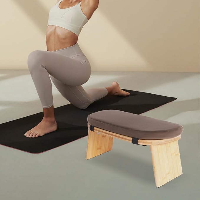 Folding Bamboo Meditation Stool, Meditation Bench with Velvet Cushion & Carry Bag, Travel Meditations Seat, Comfortable Folding Kneeling Stool Chair for Mindfulness, Zen Practice Coffee