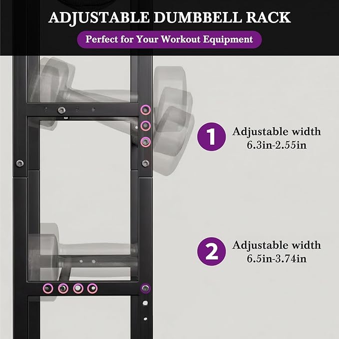 Dumbbell Rack, Adjustable Weight Rack for Home Gym, Heavy-Duty Workout Storage Organizer for Dumbbells Kettlebells Yoga Mat and Balls, Exercise Equipment Holder with Wheels & Hooks