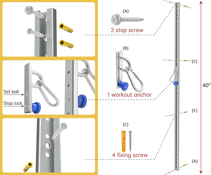 Wall-Mounted Anchor Fitness System - Adjustable, Multi-Functional, Space Saving Home Gym Solution for Strength Training,Adjustable Workout Wall Anchor System Blue