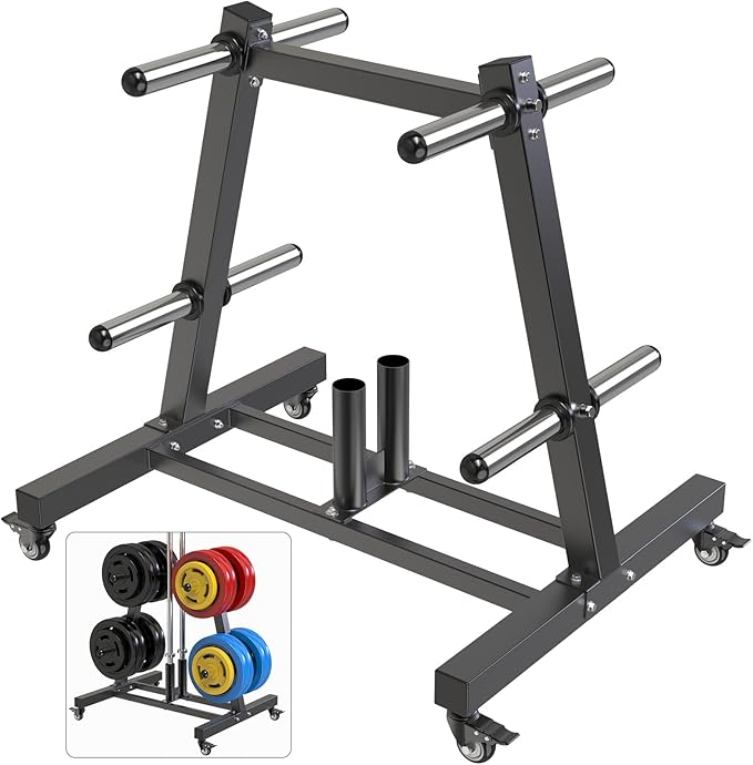 SELEWARE Olympic Weight Plate Tree Rack with 8 Weight Pegs & 2 Barbell Holders, Heavy-Duty Steel Gym Storage Organizer with Locking Wheels for 2 Inch Olympic Plates & Bars