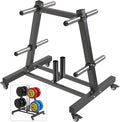 SELEWARE Olympic Weight Plate Tree Rack with 8 Weight Pegs & 2 Barbell Holders, Heavy-Duty Steel Gym Storage Organizer with Locking Wheels for 2 Inch Olympic Plates & Bars
