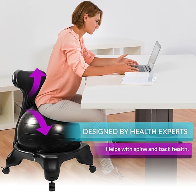 Yoga Ball Office Chair, Home Fitness Yoga Ball Chair, Ergonomic Pilates Balls Desk Chairs with Back and Wheels, Portable Exercise Balls Chairs wiht Anti-Slip Stripes, for Gym, Home(Purple)