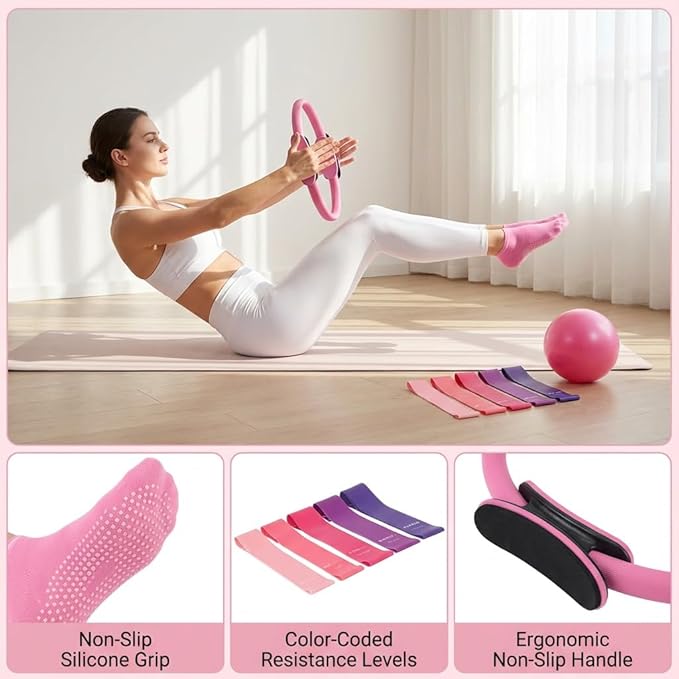 Pilates Accessories for Women – At Home Pilates Kit with Pilates Ball and Ring Set, Pilates Home Workout Kit, Pilates Essentials Kit for Women for Full Body Training