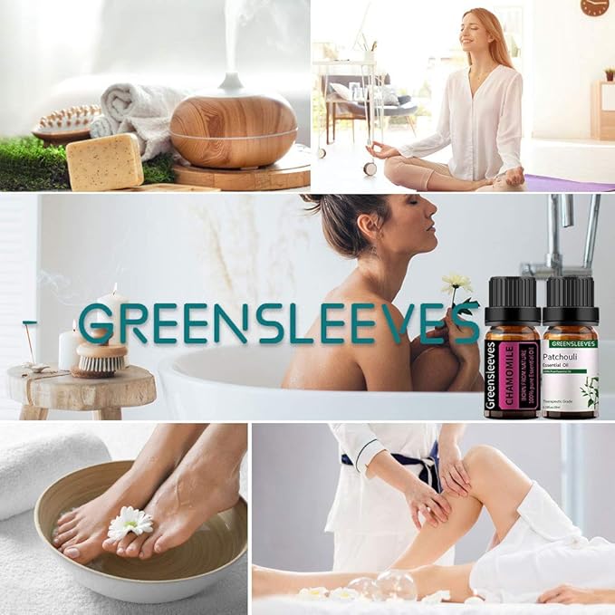 GREENSLEEVES Patchouli Chamomile Essential Oil Set, 2 x 10ml Pure Plant-Based Fragrance Oil for Aromatherapy, Essential Oils for Diffuser, Massage, Bath Bomb, Scented Candle Soap Making