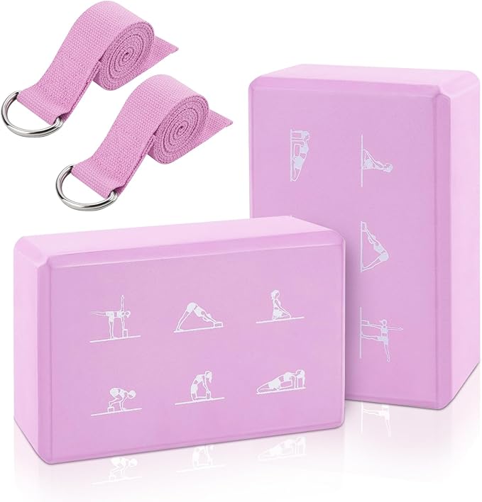 2 Yoga Block and 2 Yoga Strap Set,Non-slip EVA Foam Blocks, High Density Yoga Bricks with 6ft Strap, Supportive Latex-Free Yoga Block Accessories for Pilates