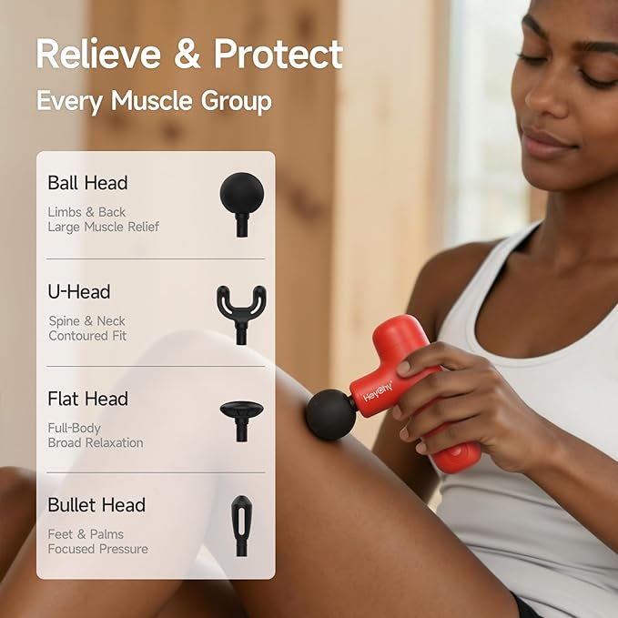 Super Mini Massage Gun Deep Tissue, Handheld Muscle Massager with 4 Heads, Percussion Travel Size Massager Gun for Men & Women Back Pain Relief, Quiet for Home, Gym, Office, Red