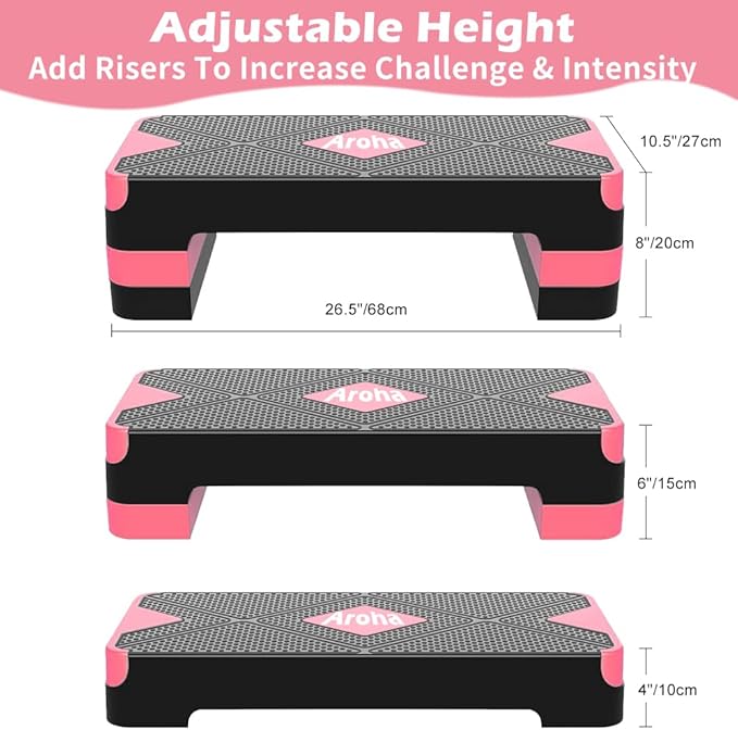 Adjustable Aerobic Exercise Step- Workout Step Platform, 26.5" Step Deck with 4", 6", 8" Height Risers, Women's Home Gym Fitness