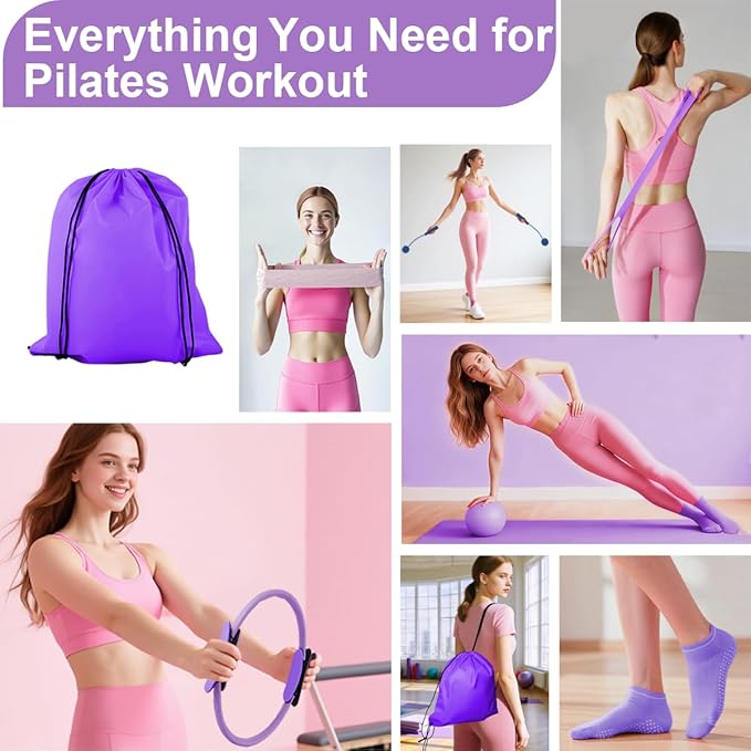 Pilates Equipment Kit for Women, Magic Circle Ring with Mini Ball, Multi Level Resistance Bands, Stretch Strap and Grip Socks, Women’s Day Gift