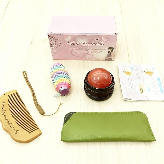 Labor Comb Kit with Massage Roller Ball and Pain Fidget, Wooden Birth Support Tools for Expectant Mothers, Pregnancy Essentials (Wood)