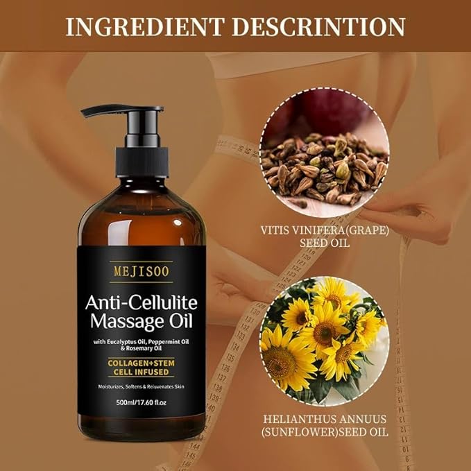 Anti Cellulite Massage Oil, Cellulite Remover for Legs and Firming Body Oil, with Plant-Based Ingredients and Fresh Fragrance, Moisturizes and Softens Skin, 17.6 FL OZ