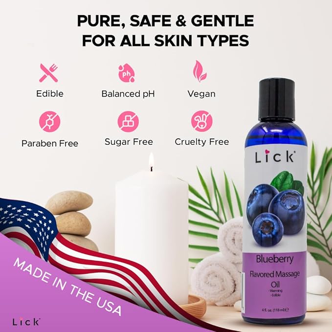 Lick Blueberry Flavored Massage Oil – Sweet Berry Edible Massage Oil with Sweet Almond Oil & Vitamin E, Lightweight Smooth Glide for Couples Massage & Play, 4 oz