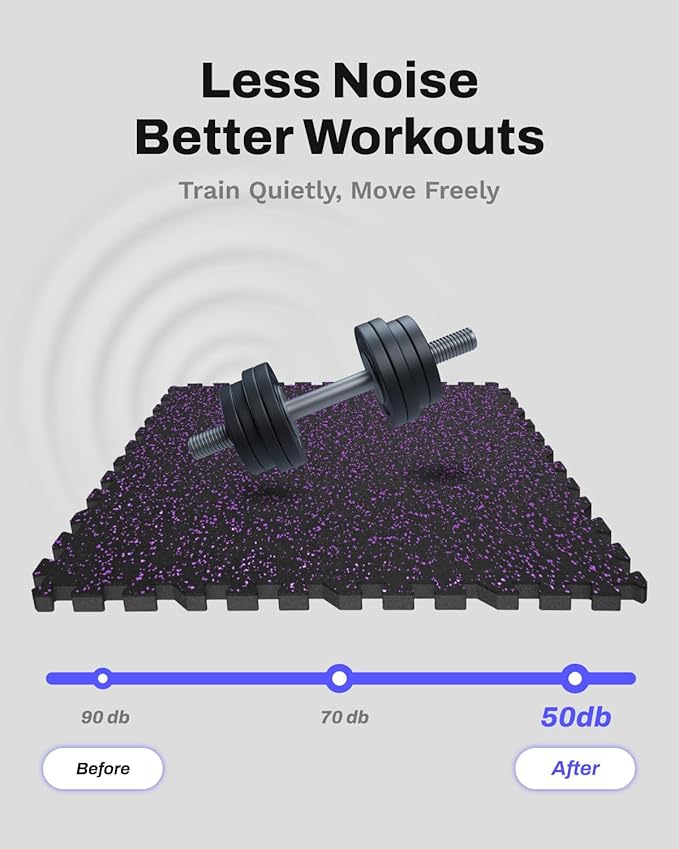 AIRHOP 0.79in Thick 24 Sq Ft Exercise Equipment Mats, 6 Tiles Upgraded Rubber Top with High Density EVA Foam, Large Interlocking Puzzle Gym Flooring for Home Gym, Heavy Weight Workout,Black & Purple
