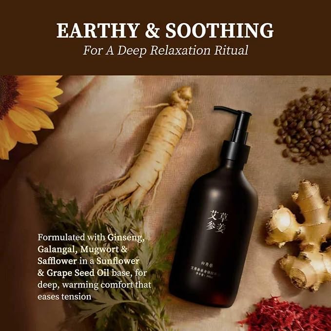 Warming Body Massage Oil for Sore Muscle Massage Therapy 10 Fl Oz, Massage Oils for Deep Muscle Relaxing & Joint Comfort, Body Oil Infused with Ginseng, Galangal & Mugwort, All Skin Types Men & Women