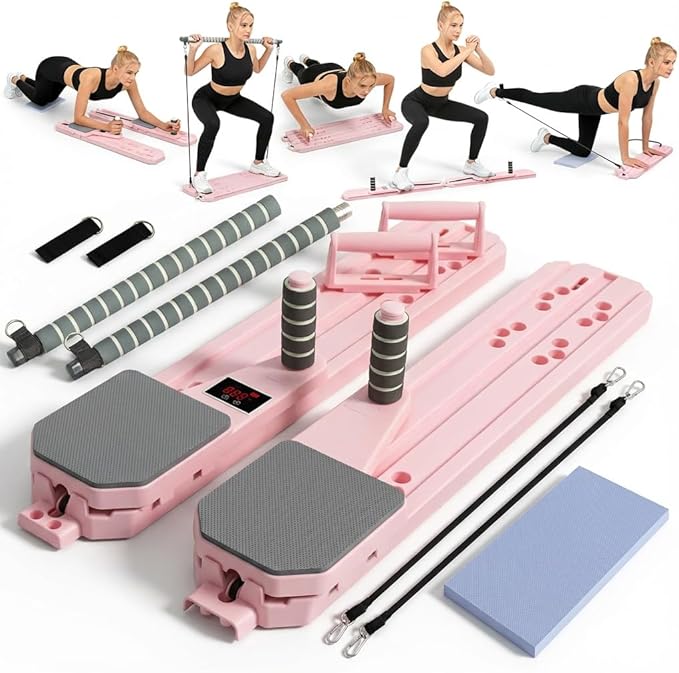 Pilates Reformer Board, 12-in-1 Portable Pilates Board for Home Workout, Core & Abs Toning, Full Body Sculpting Equipment, Pink / White