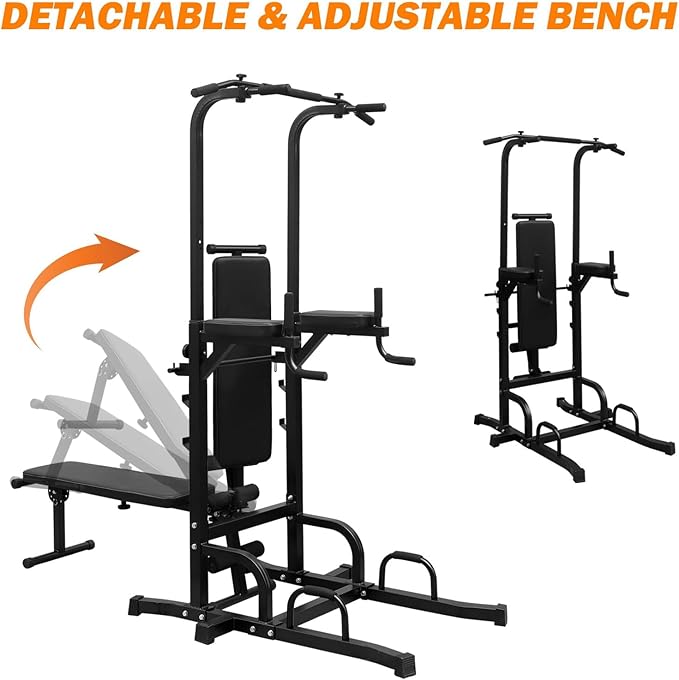 Adjustable Power Tower Dip Station with Bench, Multi-Function Heavy Duty Pull Up Bar Stand, Home Gym Fitness Training Equipment for Strength Workouts