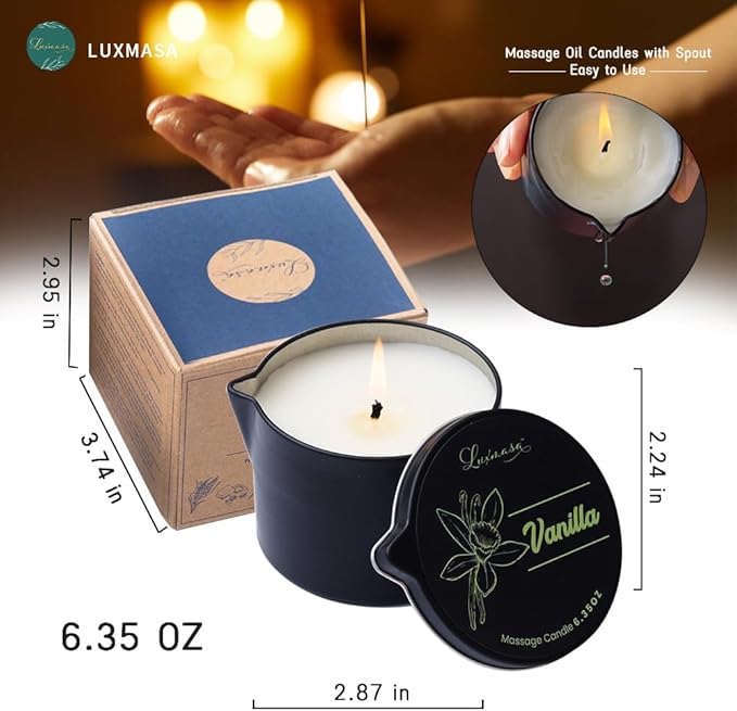 Scented Massage Oil Candle for Body SPA, Low Temp Massage Wax for Skin Care, Nourishing Soybean Oil Coconut Oil Based Candle, Self Care Gifts for Women & Men 6.35 OZ (Vanilla)
