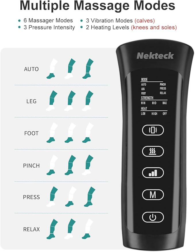 Nekteck Leg Massager for Circulation and Pain Relief, Air Compression Foot Calf Thigh Massager with 2 Heat and 3 Vibration Functions, 6 Modes 3 Intensities, Help for Muscles Relaxation
