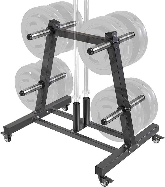 SELEWARE Olympic Weight Plate Tree Rack with 8 Weight Pegs & 2 Barbell Holders, Heavy-Duty Steel Gym Storage Organizer with Locking Wheels for 2 Inch Olympic Plates & Bars