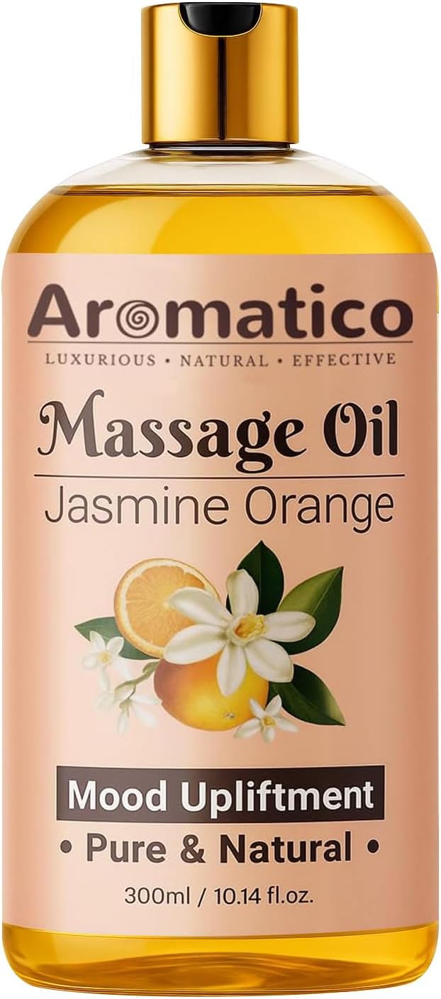 Massage Oil with Jasmine & Orange Essential Oils – Infused with Sesame, Almond & Jojoba Oils – Full Body Massage Oil for Relaxation – for Men & Women – 10 Fl Oz
