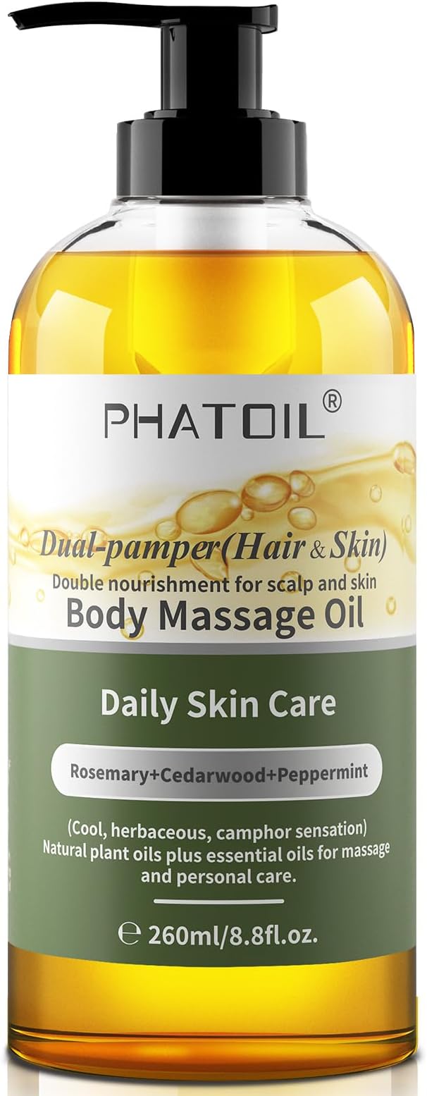 PHATOIL Rosemary Body Oil, Dual-Pamper (Hair & Skin) Massage Oil 260 ml (8.8 fl.oz), Blends of Natural Plant Oils and Essential Oils, Body Oils for Women and Men, Rosemary Oil for Hair