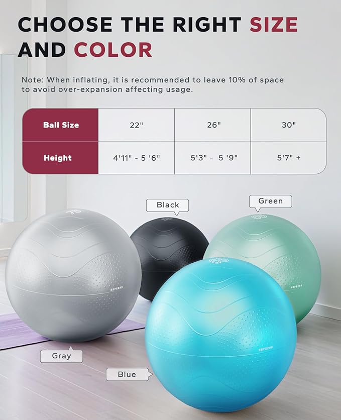 HAPBEAR Exercise Ball (22''/26''/30'') - Anti-Burst Slip-Resistant Yoga/Pilates Ball for Core Training & Posture Improvement, Home Gym/Rehab/Pregnancy Ball, Quick Pump & 3 Resistance Bands Included