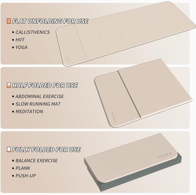Foldable Fitness Yoga Mat | 2/5" (10MM) Extra Thick | SGS Certified Non-Slip TPE | 75x26" Extra Long-Wide | Portable & Easy Store | for Yoga, Pilates, Home Gym & Full-Body Workouts