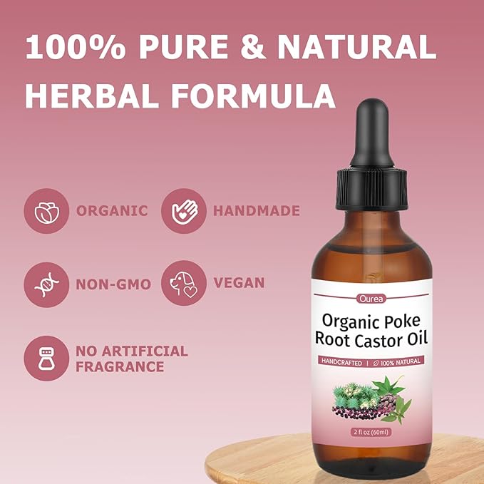 Organic Poke Root Castor Oil – 2 fl oz (60ml) Natural Lymphatic Support Massage Oil, Soothing Relief for Cysts, Boils, Breast, Fibroids, Swollen Lymph Nodes & Joint – Deep Tissue Drops